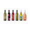 6 bottles ranging from green, yellow, to red colored wine bottles with unique designs on each one.