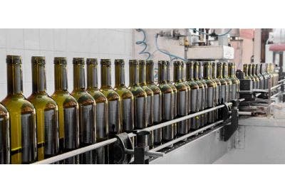 Wine bottles on production line to be filled.