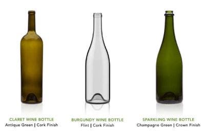 Various types of wine bottles in different colors